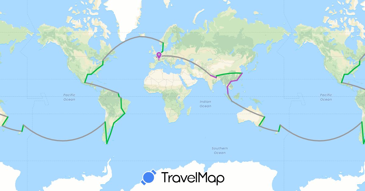 TravelMap itinerary: driving, bus, plane, train in Argentina, Australia, Brazil, Canada, Chile, China, Germany, France, Indonesia, India, Iceland, Mexico, Malaysia, Norway, Nepal, New Zealand, Thailand, United States, Vietnam (Asia, Europe, North America, Oceania, South America)
